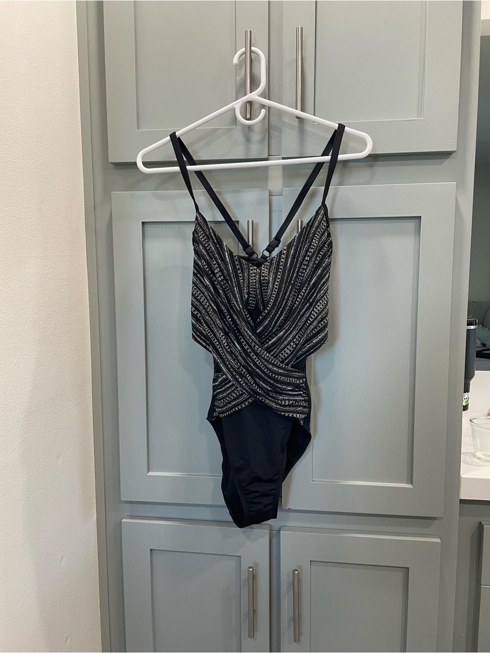 Striped Wrap-Front Black One-Piece Swimsuit with Crisscross Straps